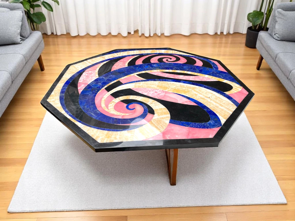 Sophisticated Marble Patio Corner Table with Multi-Gemstone Accents